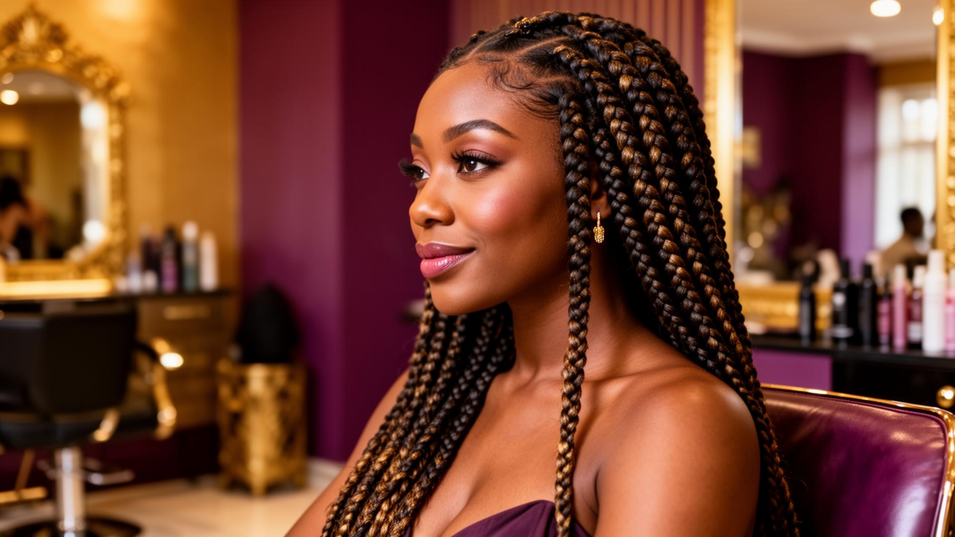 Woman with beautiful long box braids in Jojo's salon